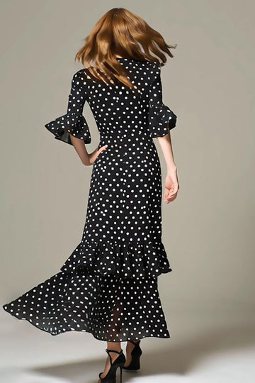 Black White Dot Ruffled A Line Long Formal Dress with Sleeves